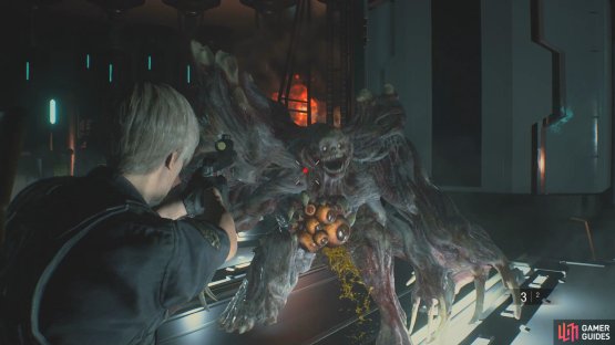 once he’s stunned for a short while, shoot the cluster of eyes on his chest to weaken him. 