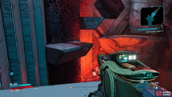 As you reach the last step, look to the right to find a path to a Red Chest
