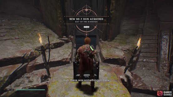 Go back to the area where the boss picked you up and then head into the room ahead to find a Chest that contains a BD-1 Skin