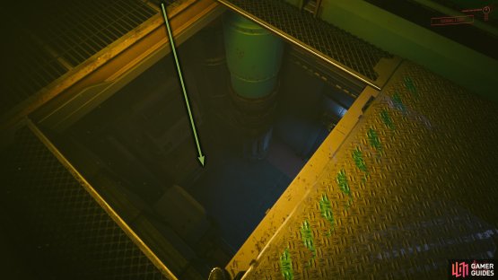 Follow the next path and drop through the vent into the room below.