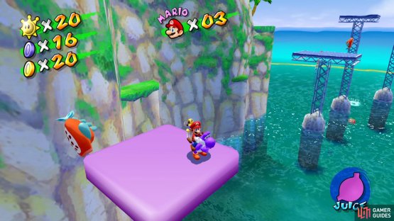 then use Yoshi’s Juice to create Purple horizontal moving platforms by shooting the fish.