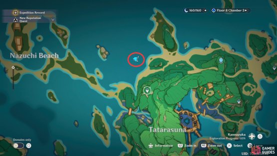The Day 7 challenge can be found east of Nazuchi Beach, Inazuma, north of the Tatarasuna waypoint.