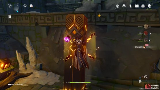 Use Zhongli’s Elemental skill to conjure up a Geo construct so you can climb it to reach the platform