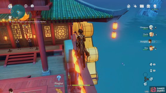 use the fence above the boatman to climb up and then jump to the roof in fron to reach her.