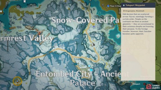 Teleport to Albedo’s campsite and follow the dusty patch west and then south