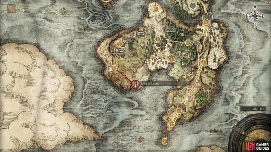 Head southeast from the Isolated Merchant’s Shack site of grace in Weeping Peninsula to find the Tower of Return.