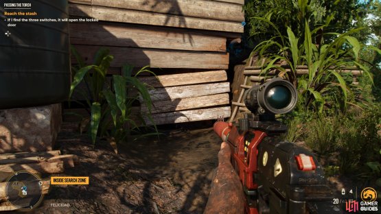 smash the wooden planks at the bottom of the orange house to reveal a hole