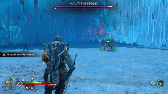 When Hjalti lowers her weapons, and a red-ring appears, she’ll jump at you, and slam down at you.