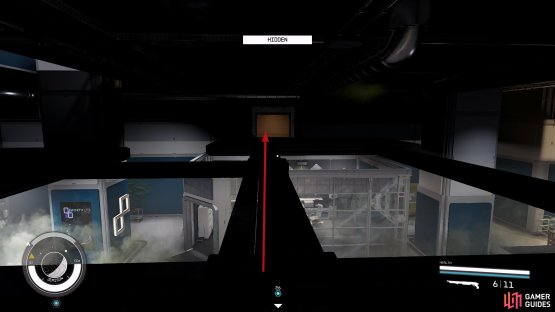 Go back the way you come, and head across the beams to a vent in the wall with an orange hue.
