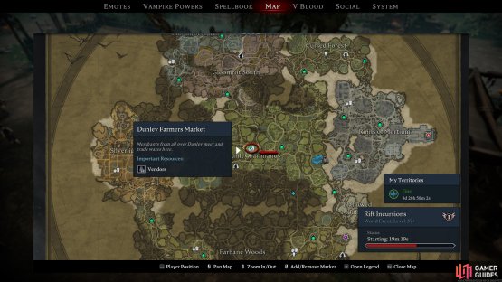 The Dunley Farmer’s Market can be found by following the path west from the eastern Farbane Woods Vampiric Waygate.