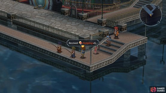 Speak to the fisherman to get some Dumplings