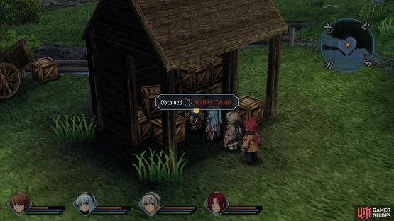 Defeat the silly monsters, then loot a chest to obtain a Feather Tackle,
