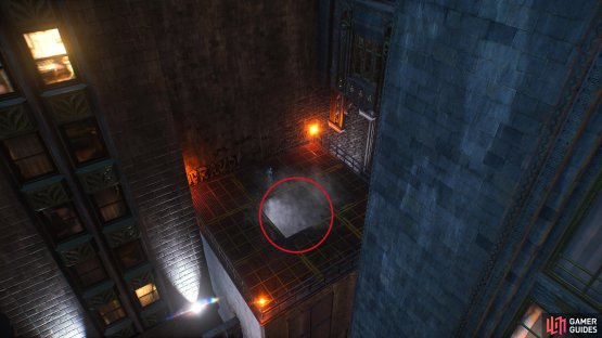 You can find the hole on the lower roofs of the building where the fast travel is.
