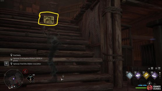 Go to the eastern area of the Hideout, and climb the wooden area for the love letter.