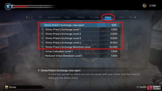 Now select the “Virtue” tab where you’ll find everything related to the Shino Priest’s Shop.