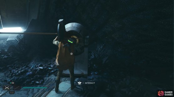 Then grab the rope device from the door, and place it in the nearby device to keep the door open.