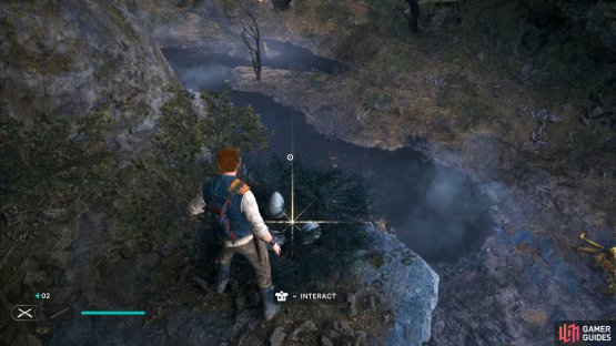 The first treasure can be found on a small ledge at the end of the right path which will require you to wall-run to reach it. 