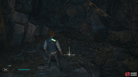 The second treasure is in the cave guarded by the two B1-Droids. Wall-jump on the wall to the left to reach the ledge containing the treasure.