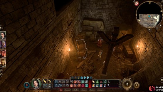 Move the wooden boxes away from the door, then light the spiderwebs on fire to access the door.