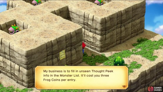 Talk to a hidden character who will offer to fill out your Monster List in exchange for Frog Coins,