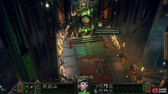 On your voidship, interact with the console near the two Tech-Priests.