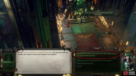 Select to hand over the data-bank to the tech-priest, and then tell them to report to Pasqual.