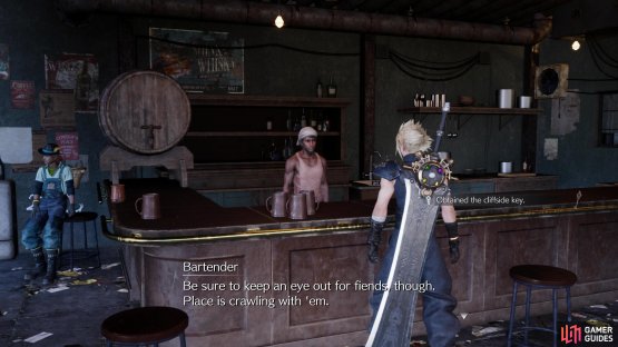 After the events in the Gold Saucer you’ll find yourself in The Dustbowl. Talk to the bartender at the Bail Jumper bar to get the Cliffside Key,