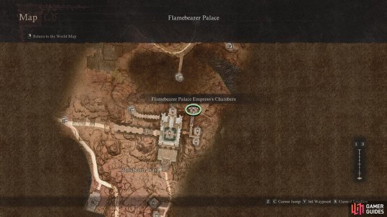 Empress Nadinia can be found in her chambers in the northeast of the Flamebearer Palace.