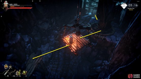 Head south of the elevator, rotate the platform to the southwest, and jump over to the platform with the ladder.