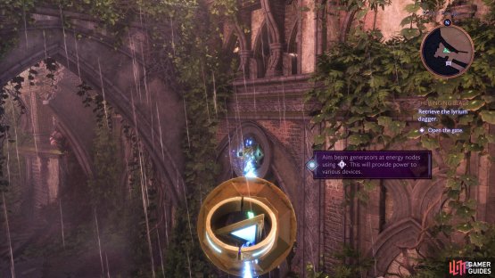 Direct the beam at the Power Crystal on the gate to open it.