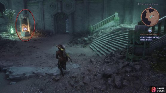 You start off the puzzle by interacting with the bell above. The gate to the right of it will open up upon completion of the puzzle.