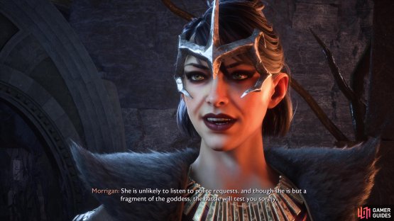 Morrigan will hint about what to expect when you meet Mythal.