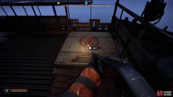 Go up the stairs to your left, and open the hatch.