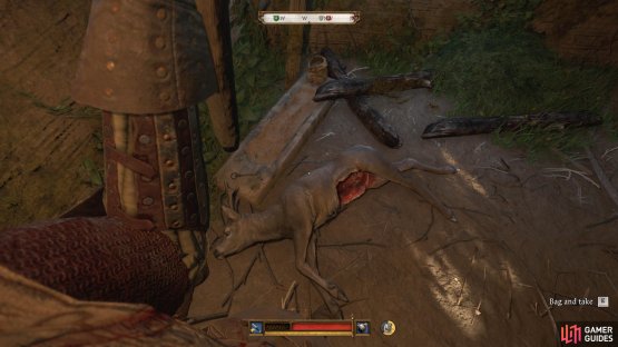 Follow the ruins, jump through the window, unlock the door, and take the carcass back to the wagon.