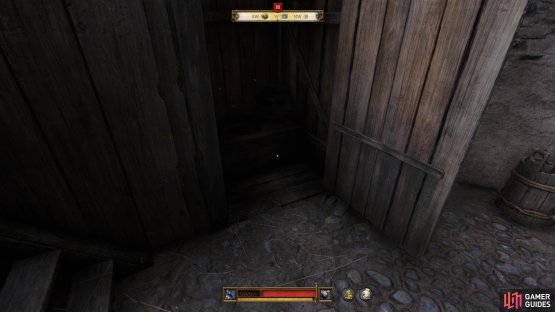 After speaking with Christian, go back outside and look in the privy for the key.