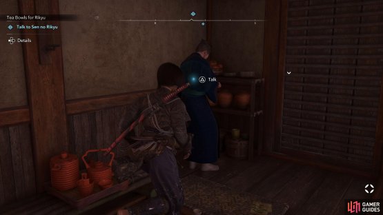 Enter his house as Naoe and speak to him to begin the quest.