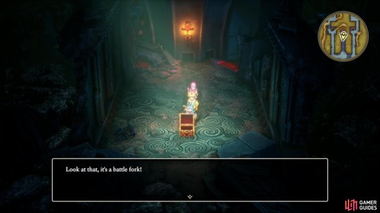After obtaining the Zombie Mail, go up a flight of stairs to the southeast and continue going up back to B1 to find a chest containing the Battle Fork!