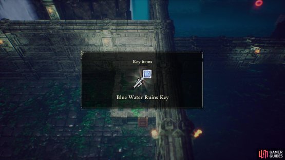 then drop down to the east, enter a room, climb a ladder and loot a chest to score a second “Blue Water Ruins Key”.