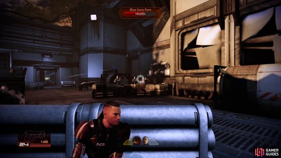 Use the pipes as cover, and use Zaeed’s Disruptor Ammo and Concussive Shots to take them out