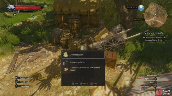Kill the bandits and loot a chest to find the “Key to Travel Chest”,