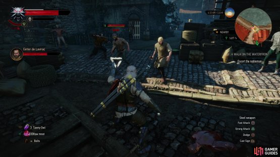 While escorting Ginter de Lavirac you’ll be attacked by bandits. Focus on offense, as Ginter is dumb and fragile in equal measure, and you’ll need to kill your enemies quickly to keep him alive.