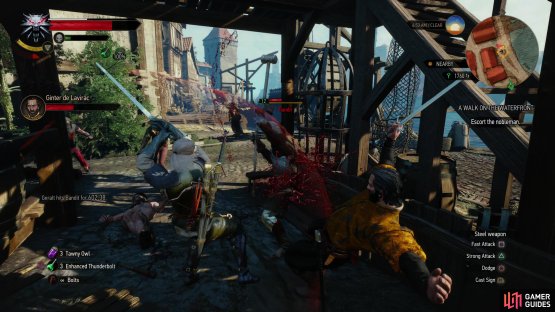 The second group of enemies that attack you are less dangerous, as they’ll be bottlenecked under a balcony.