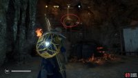 Use your torch to disperse the poison cloud, allowing you to loot the chest in the cave.