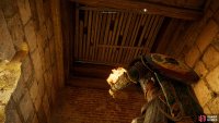 Once inside, look up and destroy the wooden planks to gain access to the floor where the artifact can be found.