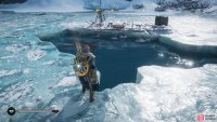 Dive under the ice from the large crack and swim to the interior of the house.