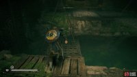 Jump over the chasm when the platform rises to align with the ground.