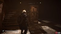 Place the barricade near the steps to stand on top of it and throw the fire pot at the blockade above.