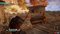 Shoot the links on either side of the drawbridge to lower it.