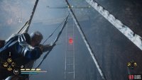 Shoot the ladder link to lower it, providing access to the chest.