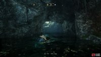 Dive under the water and swim through the hole beneath it to reach the hidden chamber.